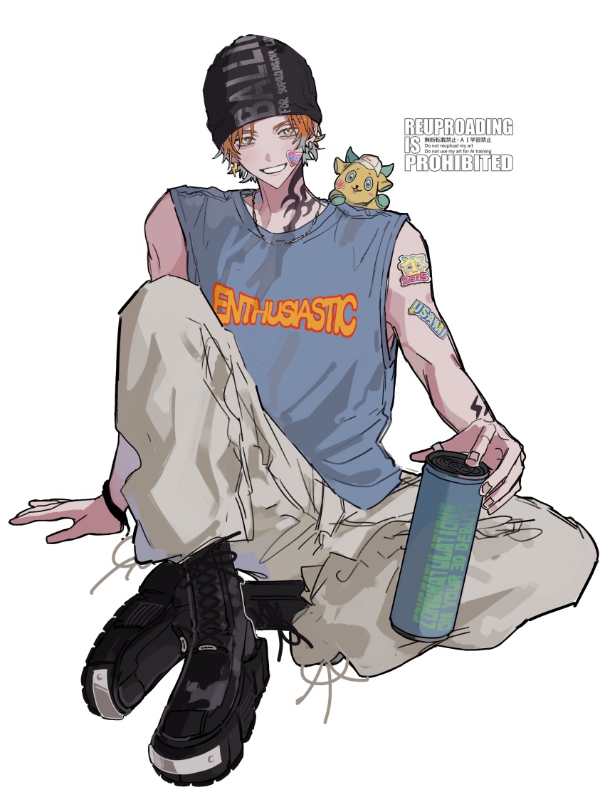 1boy, absurdres, animal, animal_on_shoulder, arm_tattoo, bandaid, bandaid_on_face, beanie