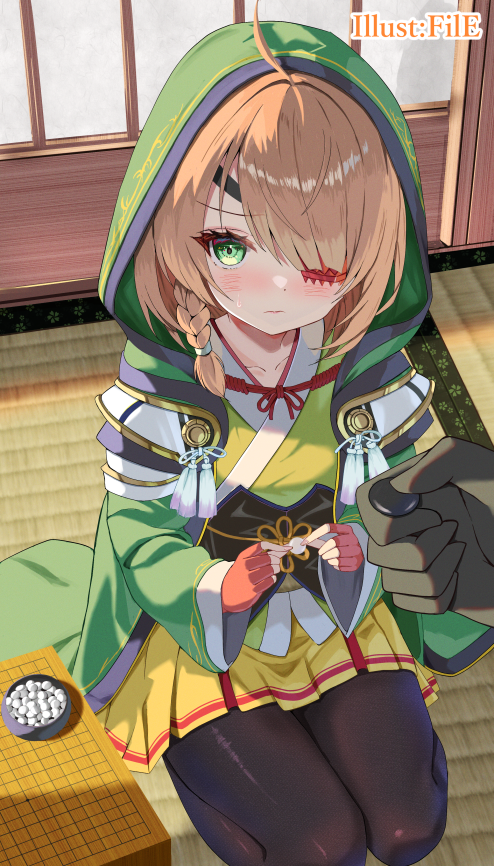 1girl, ahoge, black_pantyhose, blush, board_game, braid, braided_sidelock, brown_hair