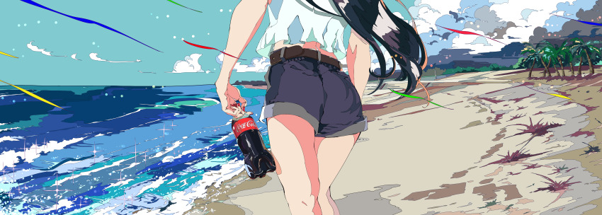 1girl, absurdres, arms_at_sides, ass, beach, belt, black_hair, blue_sky, bottle, brown_belt, cloud, coca-cola, commentary, commentary_request, day, denim, denim_shorts, english_commentary, floating_hair, highres, holding, holding_bottle, ligne_claire, long_hair, lower_body, mixed-language_commentary, ocean, original, outdoors, palm_tree, sand, scenery, shirt, short_shorts, shorts, sky, soda_bottle, solo, sparkle, standing, summer, tattsun_(ta_tsuki), tree, very_long_hair, water, white_shirt