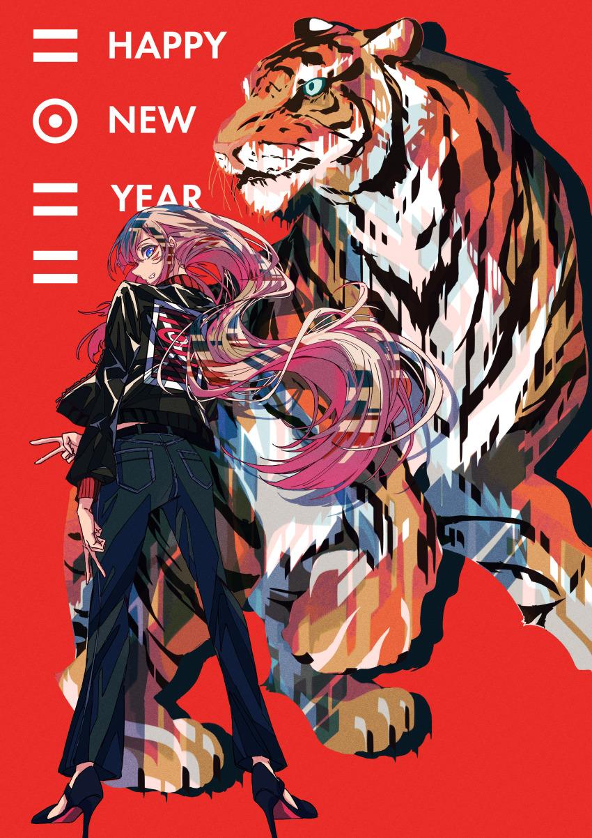 1girl, absurdres, animal_focus, arm_at_side, black_jacket, black_shoes, blue_eyes, chinese_zodiac