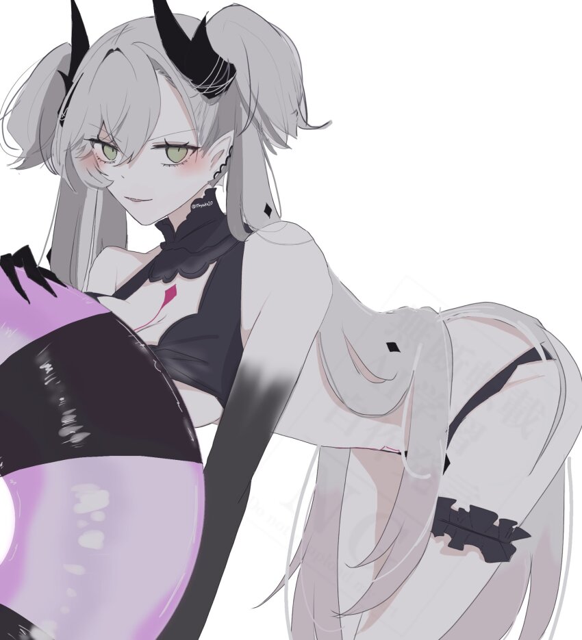 1girl, 55nyako20, bent_over, bikini, black_bikini, black_hands, breasts, colored_extremities