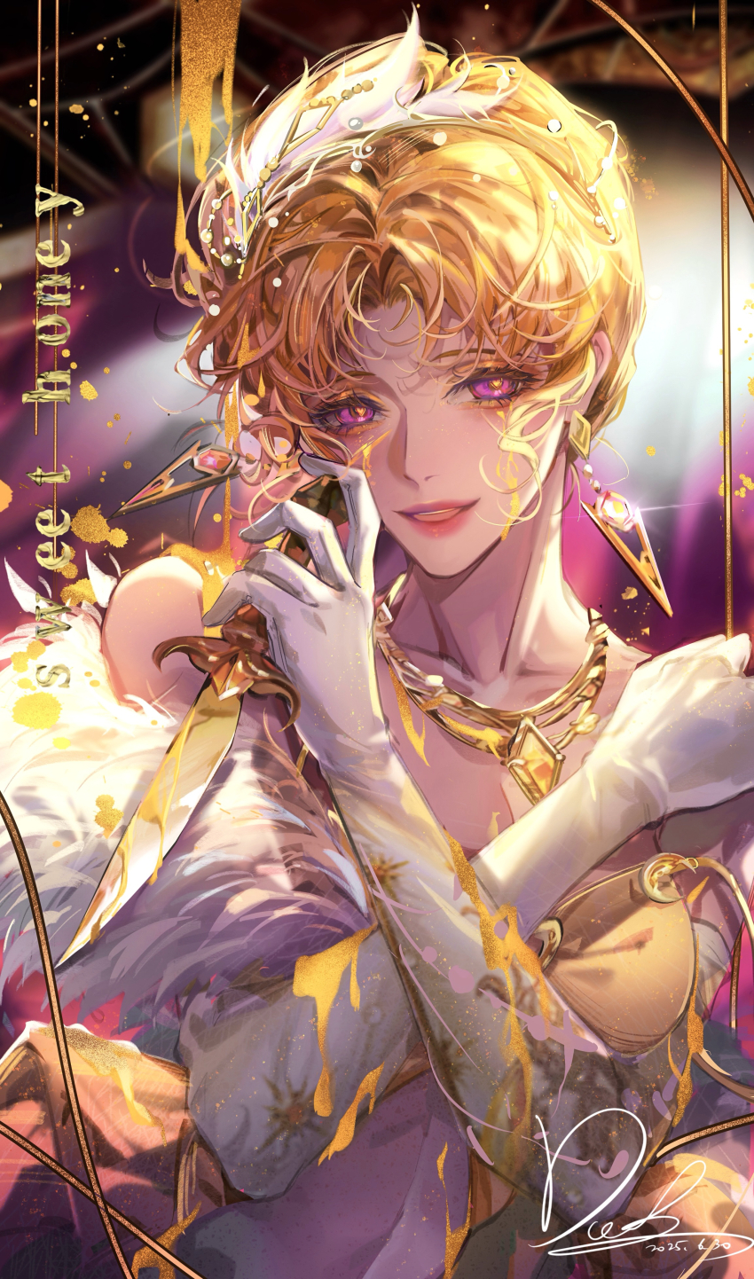 1girl, absurdres, blonde_hair, blood, blood_on_face, bloody_weapon, blurry, blurry_background