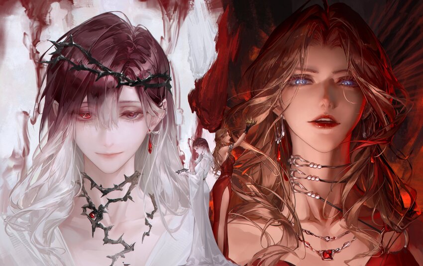 2girls, absurdres, augustus_(path_to_nowhere), bare_arms, bare_shoulders, blue_eyes, brown_hair, collarbone