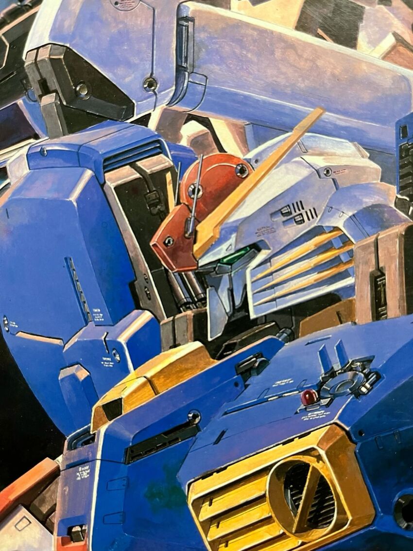 1980s_(style), green_eyes, gundam, gundam_sentinel, highres, incom_(gundam), katoki_hajime, machinery, mecha, mecha_focus, mixed-language_commentary, mobile_suit, no_humans, official_art, oldschool, painting_(medium), realistic, retro_artstyle, robot, s_gundam, scan, science_fiction, traditional_media, upper_body, v-fin