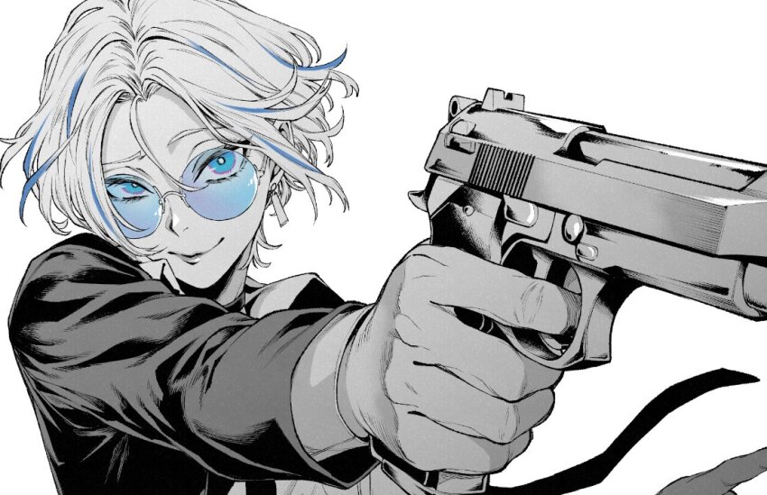 1girl, aoba_nia, beretta_92, black_choker, black_suit, blue-tinted_eyewear, blue_eyes, blue_hair, blue_streaks, choker, collared_shirt, commission, earrings, finger_on_trigger, formal_clothes, gun, hair_between_eyes, handgun, holding, holding_gun, holding_weapon, indie_virtual_youtuber, iro_marimo, jewelry, long_sleeves, looking_at_viewer, monochrome, multicolored_hair, raised_eyebrow, shirt, short_hair, simple_background, skeb_commission, smile, solo, spot_color, streaked_hair, suit, sunglasses, tinted_eyewear, virtual_youtuber, weapon, white_background, white_hair, white_shirt