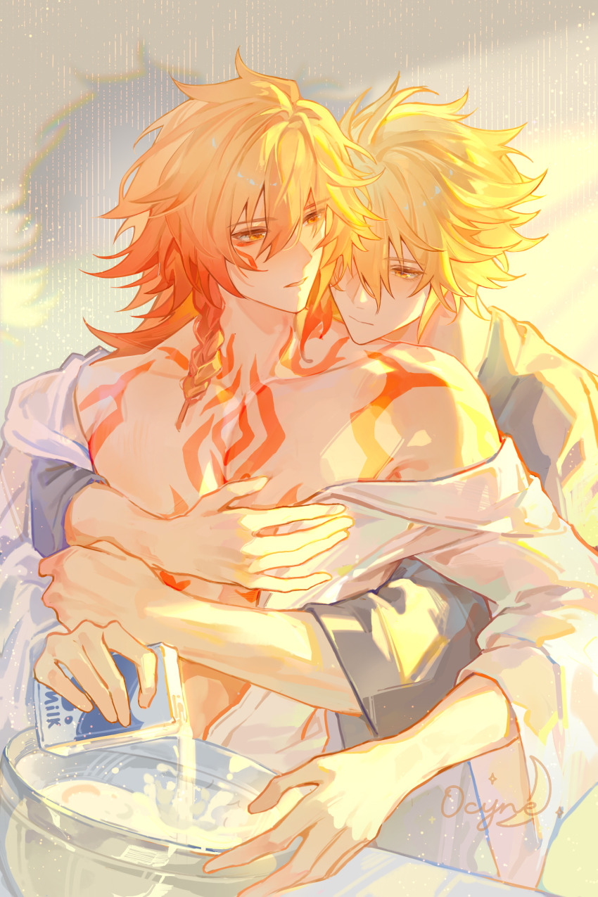 2boys, absurdres, alternate_form, arm_tattoo, artist_name, blonde_hair, braid, chest_tattoo