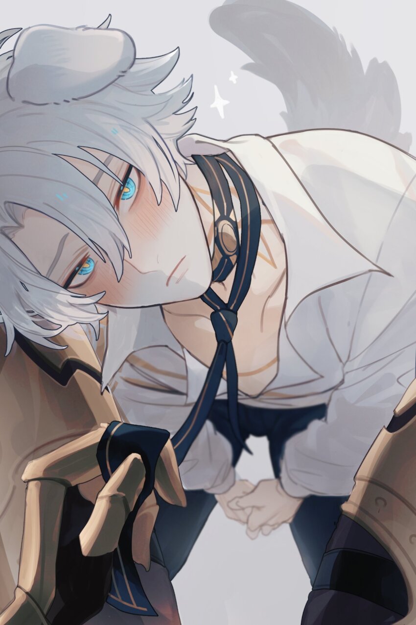 2boys, animal_ears, armored_boots, black_choker, black_pants, blue_eyes, blush, boots