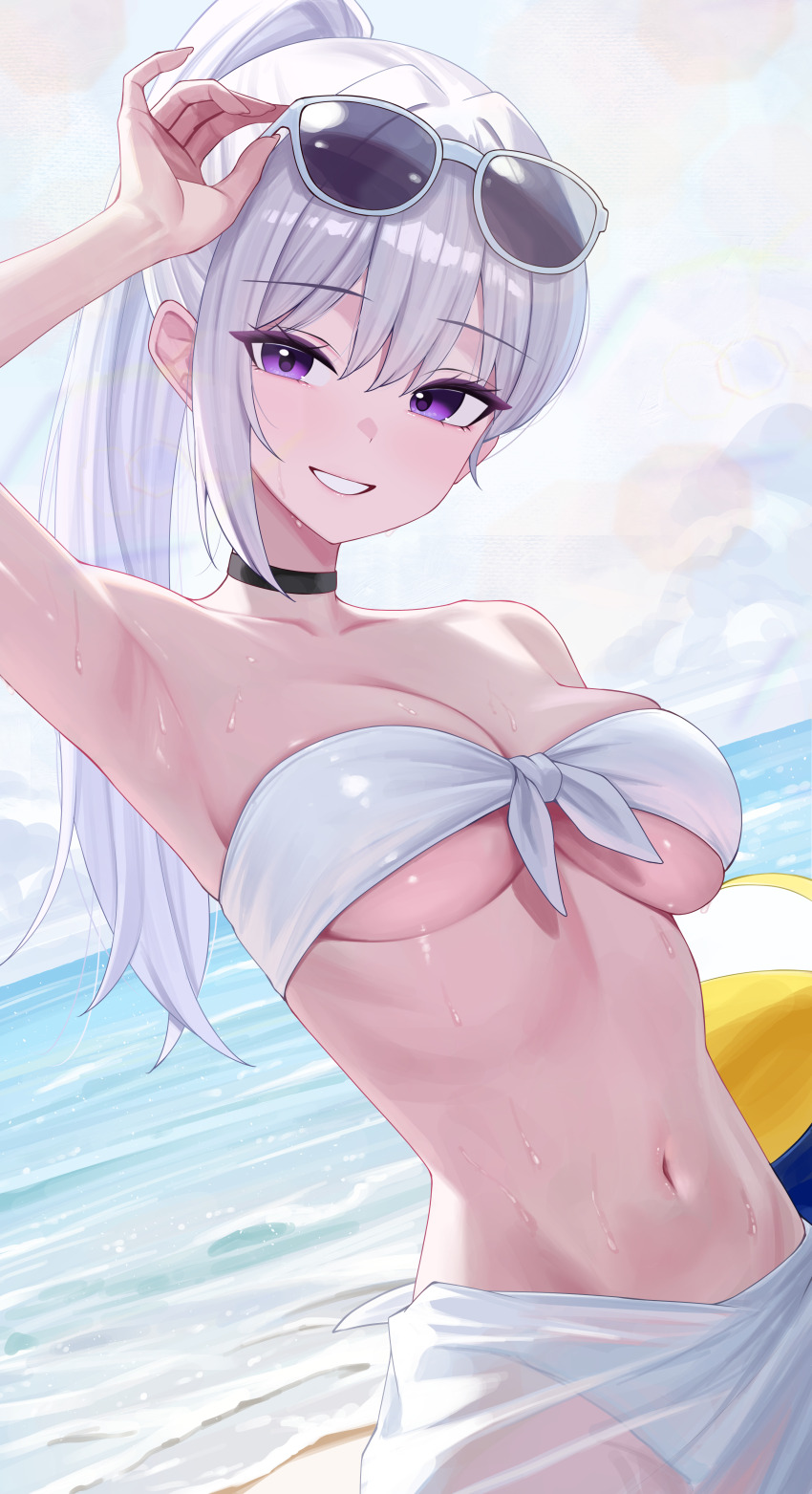 1girl, absurdres, armpits, ball, beach, beachball, bikini, black_choker