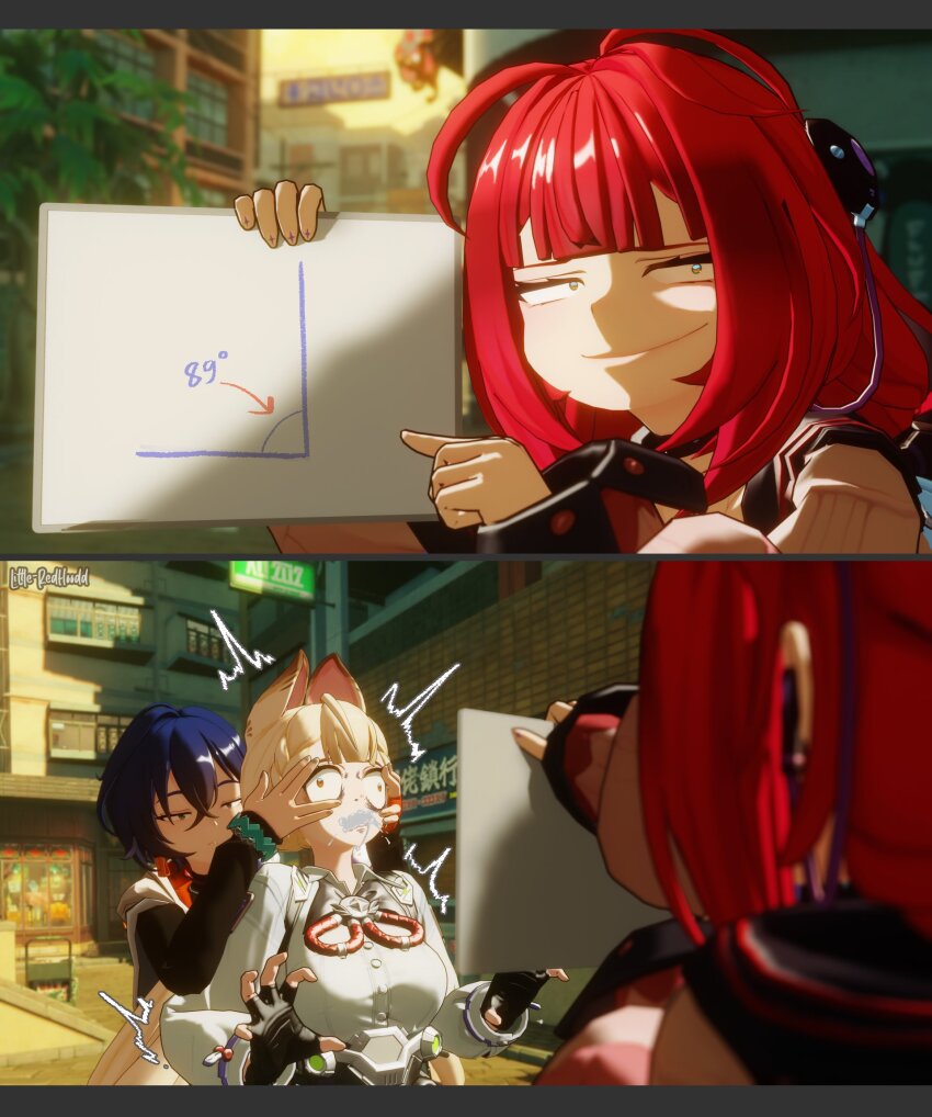 3d, 3girls, alice_thymefield, animal_ears, artist_name, belle_(zenless_zone_zero), black_shirt, blonde_hair