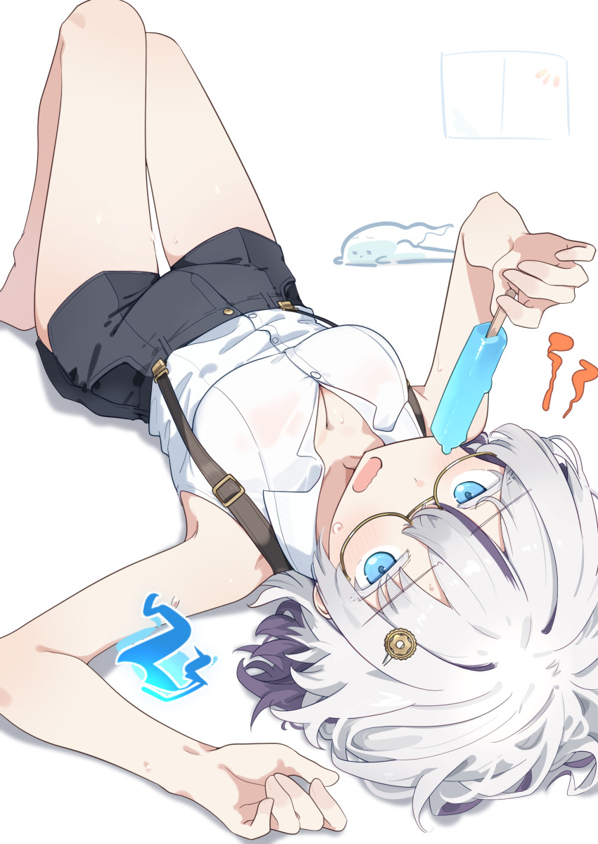 1girl, barefoot, blue_eyes, blue_shorts, breasts, cleavage, colored_eyelashes, commentary_request