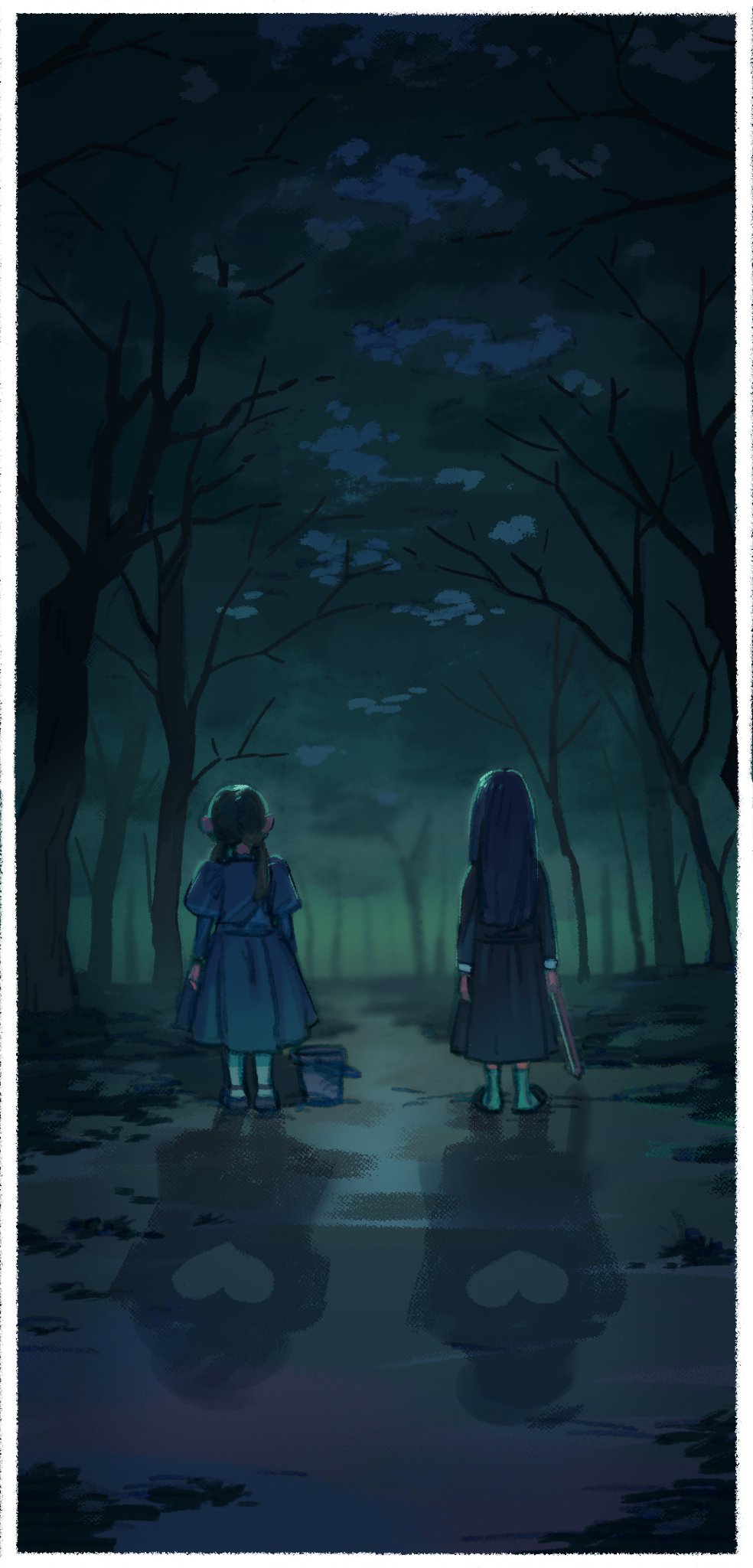 2girls, aged_down, black_dress, black_hair, blue_dress, border, bow_(music), commentary_request