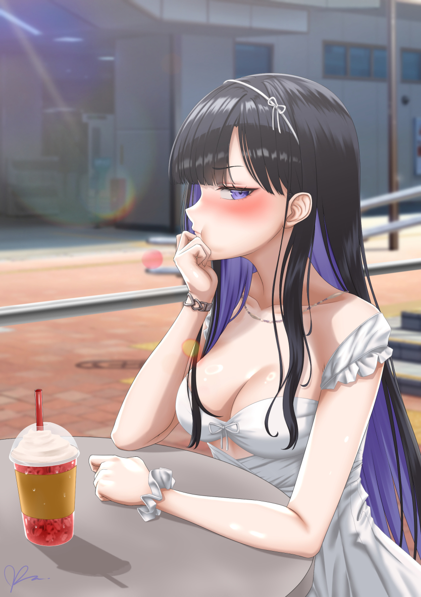 1girl, :t, absurdres, black_hair, blurry, blurry_background, blush, bracelet