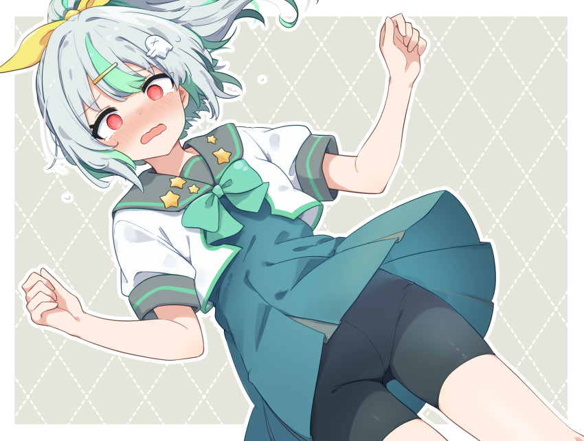 1girl, bafuko_(vtuber), bike_shorts, black_shorts, blue_dress, bow, breasts, clothes_lift