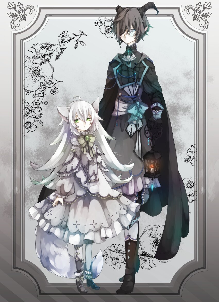 2girls, :|, absurdres, age_difference, ahoge, androgynous, animal_ears, aqua_bow