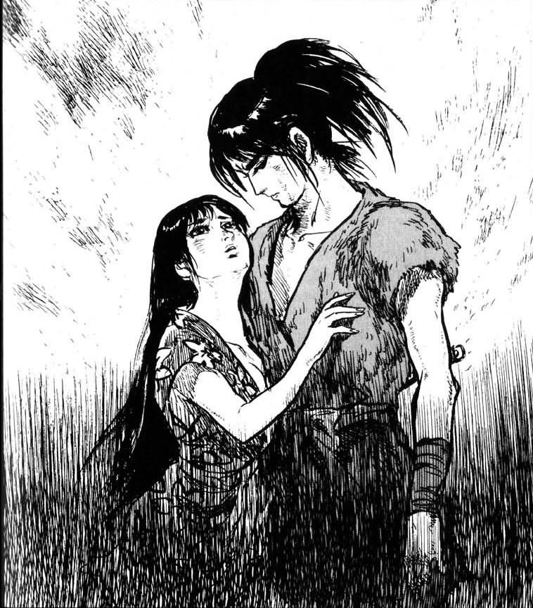 1960s_(style), 1970s_(style), 1boy, 1girl, couple, eiken_(studio), japanese_clothes, kamui, kamui_gaiden, monochrome, ninpuu_kamui_gaiden, retro_artstyle, shirato_sanpei