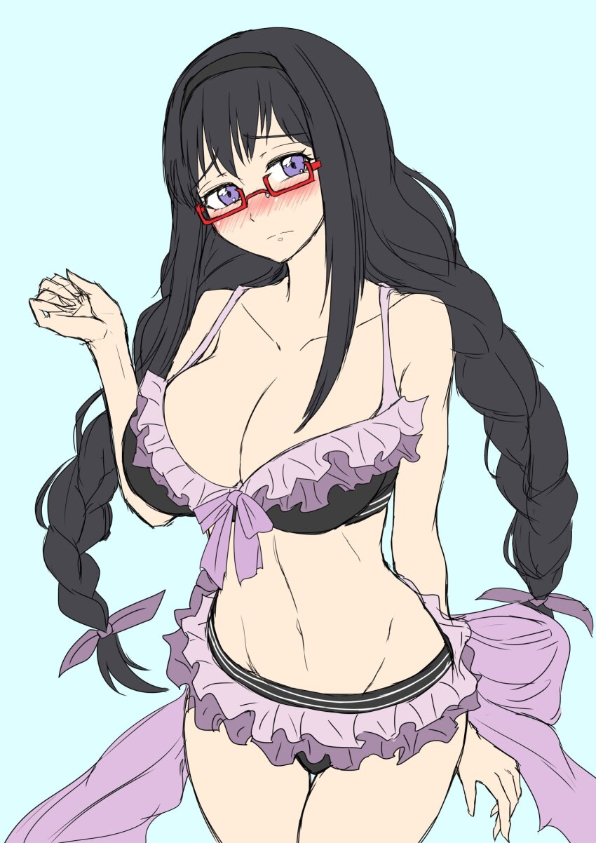 1girl, akemi_homura, akemi_homura_(swimsuit_ver.), alternate_breast_size_(larger), bikini, bikini_ribbon, black_bikini, black_hair