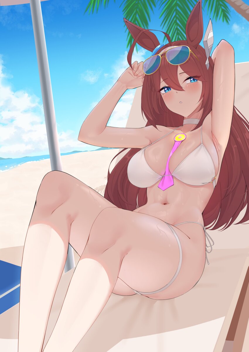 1girl, absurdres, ahoge, animal_ears, armpits, aviator_sunglasses, bare_shoulders, beach