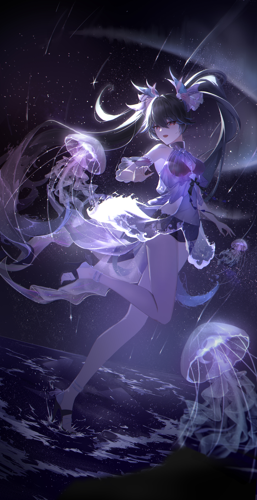 1girl, absurdres, bare_shoulders, barefoot, bikini, bikini_top_only, black_bikini, black_hair, black_shorts, bright_pupils, commentary_request, covered_navel, dress, full_body, gradient_hair, hair_between_eyes, hair_ornament, hand_up, high_heel_sandals, high_heels, highres, hui_night, jellyfish, long_hair, looking_at_viewer, lucia:_pyroath_(rippling_luminescence)_(pgr), lucia_(pgr), midriff, multicolored_hair, night, official_alternate_costume, open_mouth, punishing:_gray_raven, purple_dress, purple_hair, red_eyes, sandals, see-through_clothes, see-through_dress, shooting_star, shorts, sky, smile, solo, star_(sky), starry_sky, swimsuit, thighs, twintails, very_long_hair, white_pupils