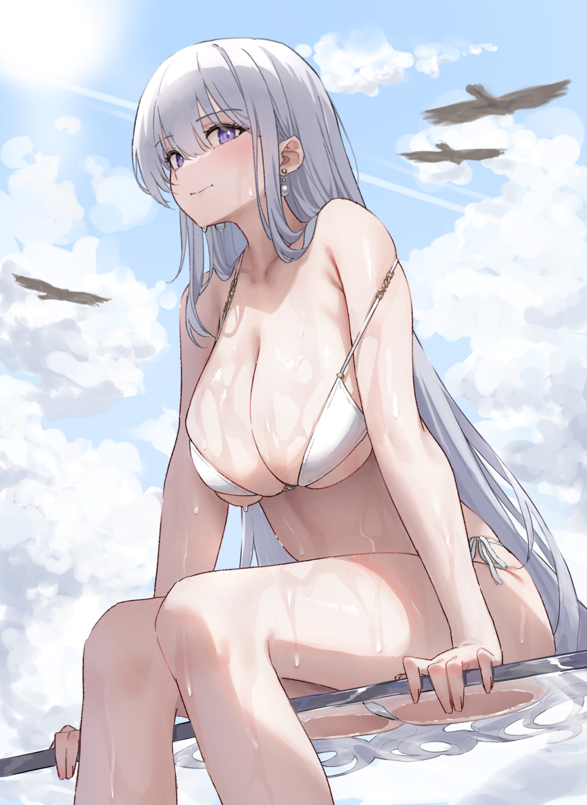 1girl, absurdres, azur_lane, bikini, blue_eyes, blue_sky, blush, breasts, classic_(zildjian33), cleavage, closed_mouth, cloud, cloudy_sky, day, enterprise_(azur_lane), enterprise_(bathing_under_sunny_skies)_(azur_lane), hair_between_eyes, highres, large_breasts, long_hair, looking_at_viewer, official_alternate_costume, sitting, sky, smile, solo, swimsuit, thighs, white_bikini, white_hair