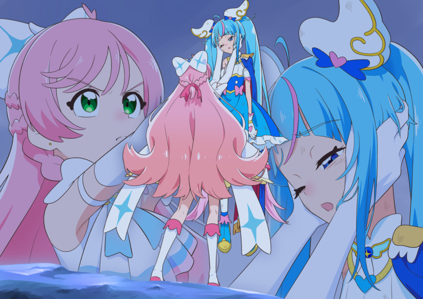 2girls, ;o, ahoge, ankle_boots, arm_bow, arms_up, ascot, bare_shoulders