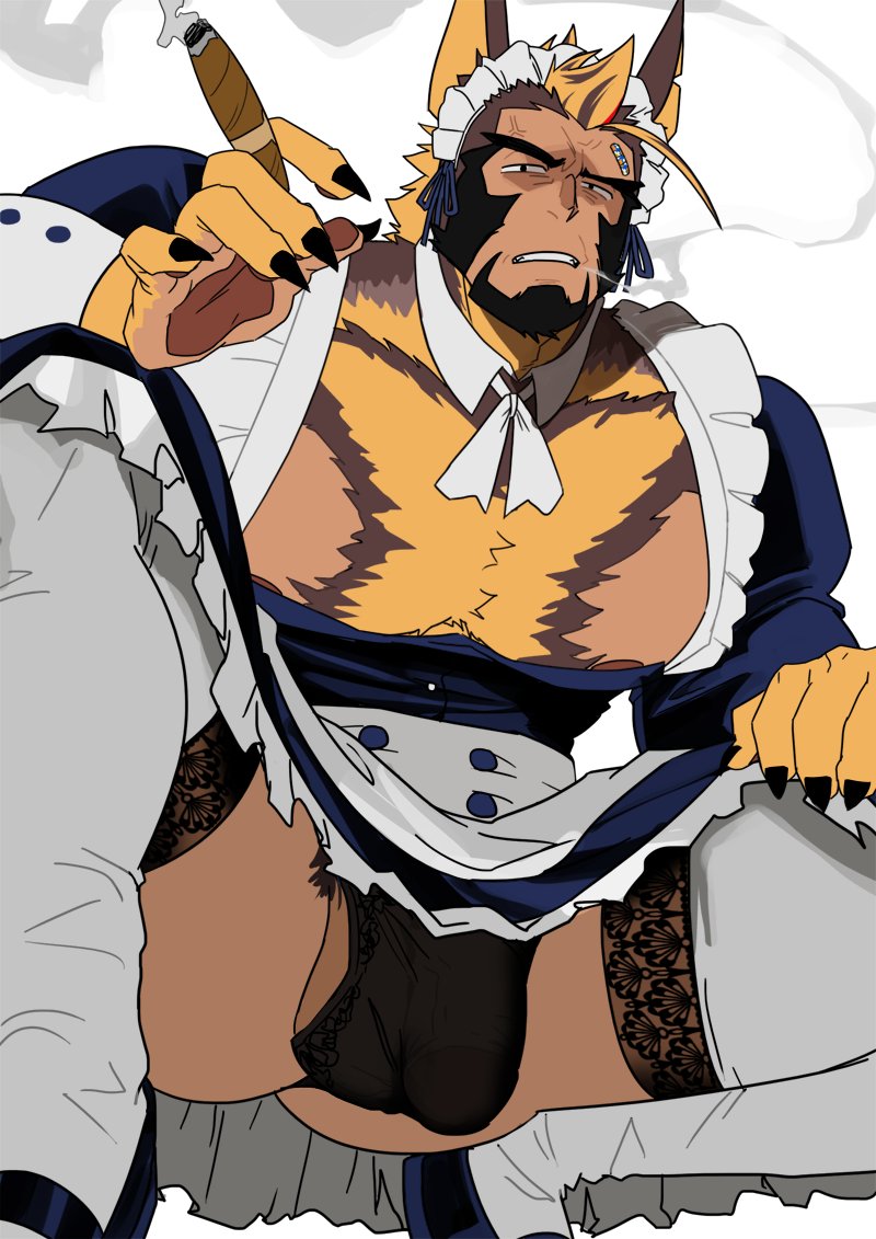 1boy, absol_(dkqthf), animal_ears, another_eidos-r, apron, bandaid, bara, beard