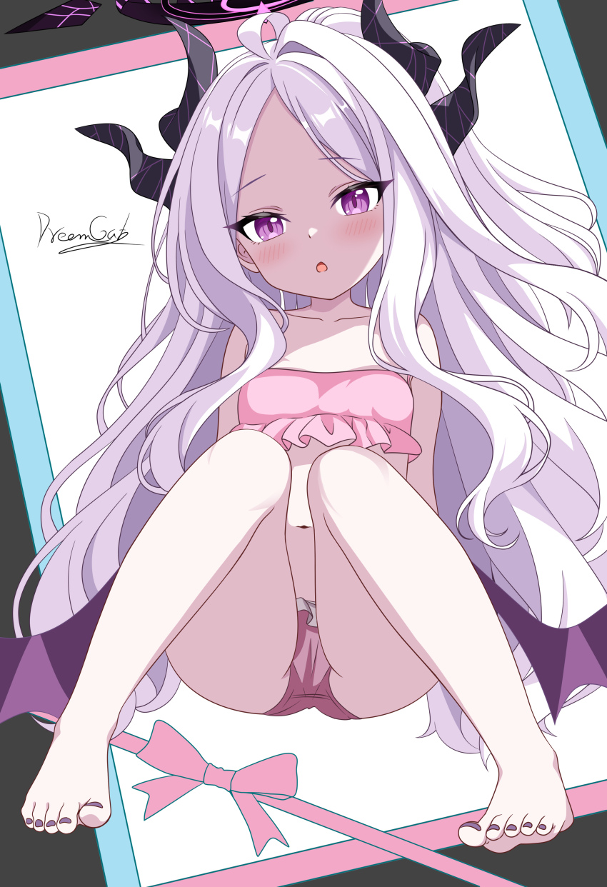 1girl, :o, absurdres, ahoge, bare_legs, bare_shoulders, barefoot, bikini