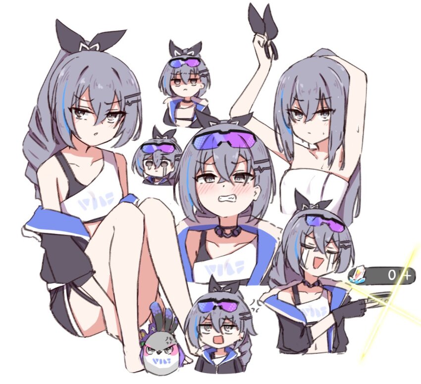 1girl, adjusting_hair, anger_vein, angry, annoyed, armpits, arms_up, bare_arms