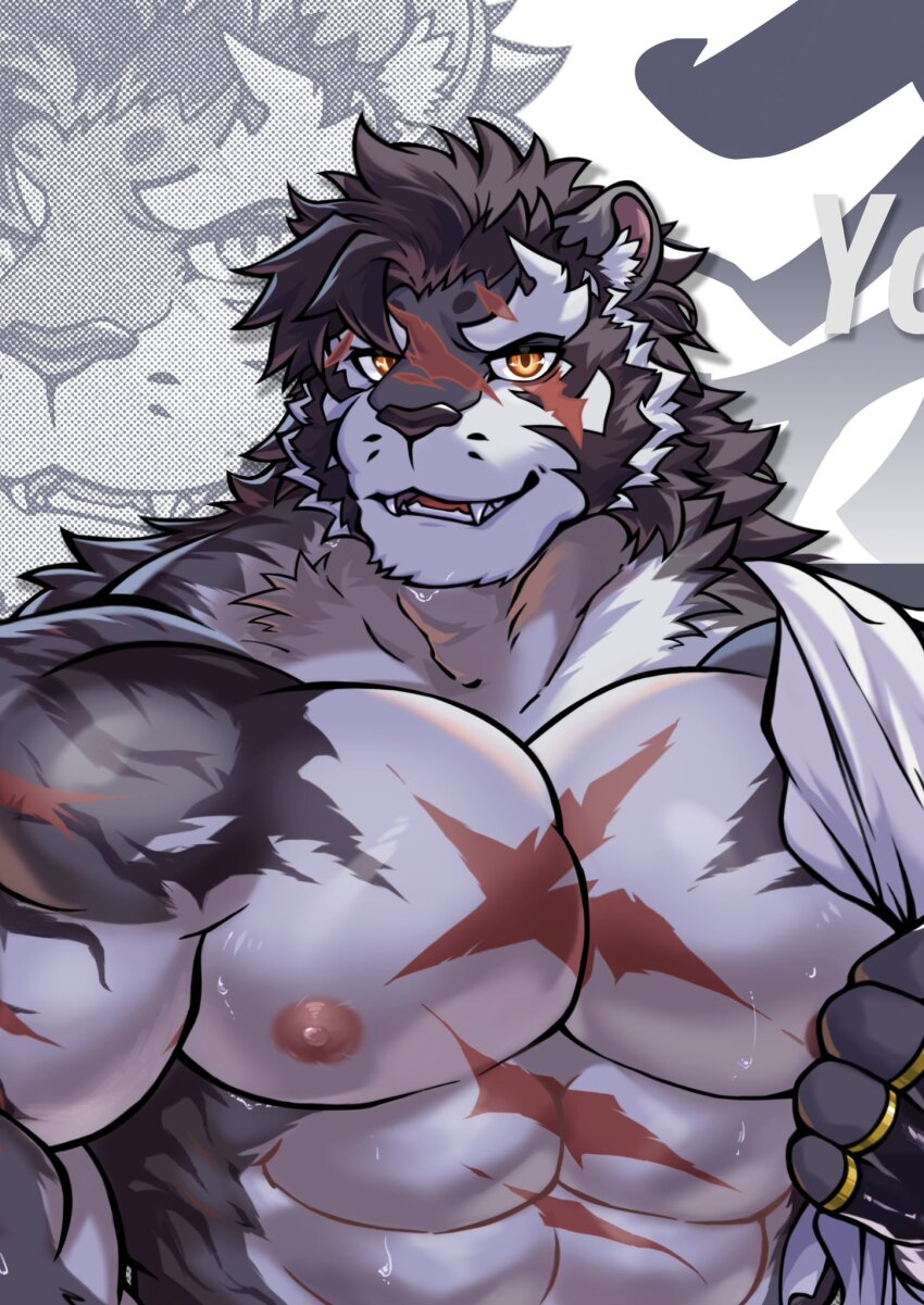 1boy, abs, animal_ears, bare_pectorals, biceps, black_fur, black_hair, bo_ranus, commentary, cross_scar, english_commentary, fangs, furry, furry_male, highres, holding, holding_towel, looking_at_viewer, male_focus, muscular, muscular_male, nipples, open_mouth, pectorals, scar, scar_across_eye, scar_on_arm, scar_on_chest, scar_on_face, scar_on_nose, scar_on_stomach, sdorica, smile, tiger_boy, tiger_ears, tiger_stripes, towel, towel_on_one_shoulder, yao_(sdorica)