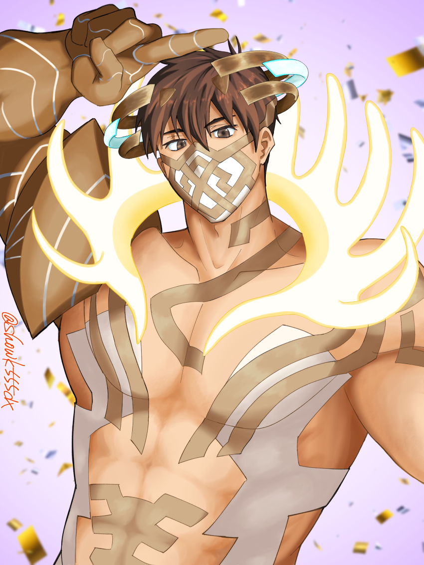 1boy, abs, absurdres, brown_eyes, brown_hair, commentary_request, confetti, eikthyrnir_(fire_emblem), eikthyrnir_(resolved_to_train)_(fire_emblem), fire_emblem, fire_emblem_heroes, headdress, highres, male_focus, mask, mouth_mask, muscular, muscular_male, nintendo, official_alternate_costume, short_hair, showk555dx, solo, textless_version, twitter_username, variant_set