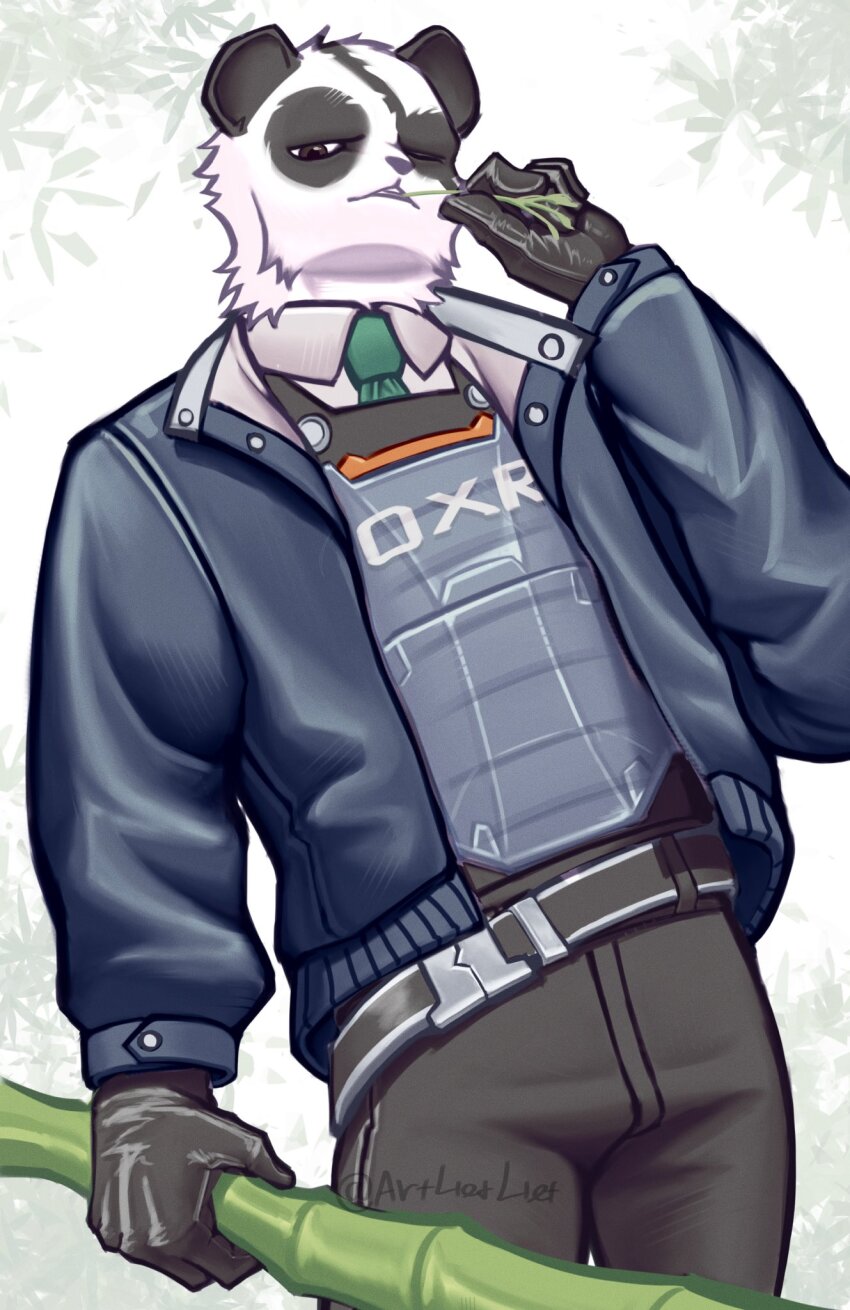 1boy, agent_patch_(fortnite), animal_ears, artist_name, artlietliet, bamboo, black_jacket, black_pants