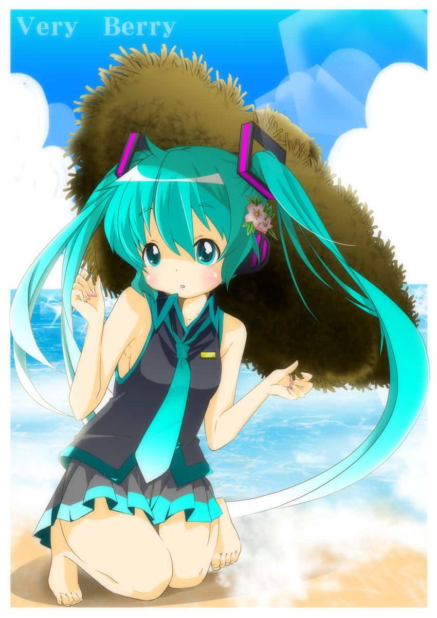 1girl, absurdres, aqua_eyes, aqua_hair, bad_id, bad_pixiv_id, barefoot, beach