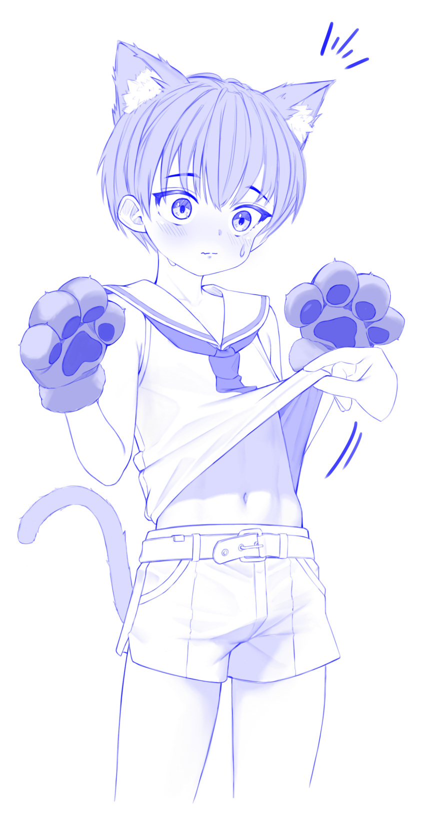 1boy, 1other, absurdres, androgynous, animal_ear_fluff, animal_ears, animal_hands, belt, blush, cat_boy, cat_ears, cat_tail, clothes_lift, concon01, cowboy_shot, cropped_legs, disembodied_hand, gloves, hands_up, highres, lifting_another's_clothes, male_focus, monochrome, navel, neckerchief, original, paw_gloves, sailor_collar, shirt, shirt_lift, short_hair, shorts, simple_background, sleeveless, sleeveless_shirt, standing, stomach, sweat, tail, white_background