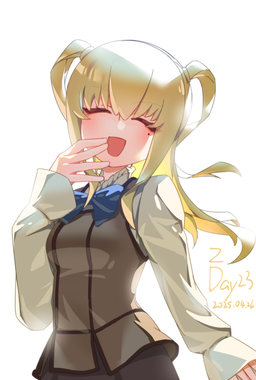 1boy, ^_^, ame_no_kisaki_academy_school_uniform, blonde_hair, brown_vest, closed_eyes, crossdressing, crossdressing_(mtf)