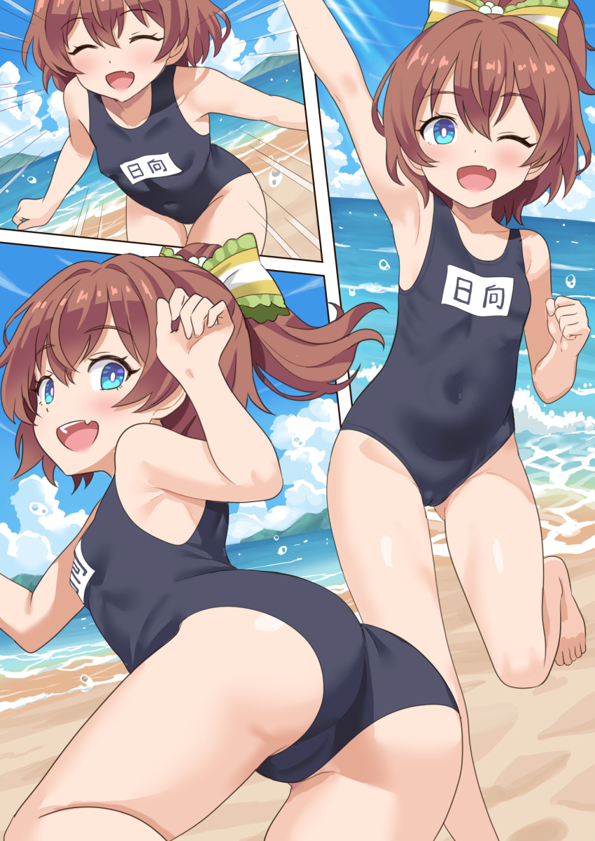 1girl, beach, blue_eyes, breasts, brown_hair, commentary_request, fang, highres