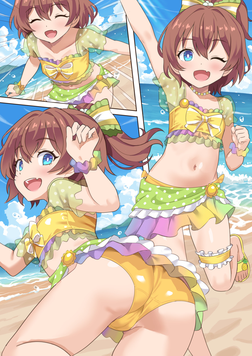 1girl, ass, beach, bikini, blue_eyes, brown_hair, commentary_request, fang, highres, hinata_chinatsu, large_variant_set, navel, ocean, one_eye_closed, ongeki, open_mouth, outdoors, shimouki_izui, smile, swimsuit, variant_set, yellow_bikini