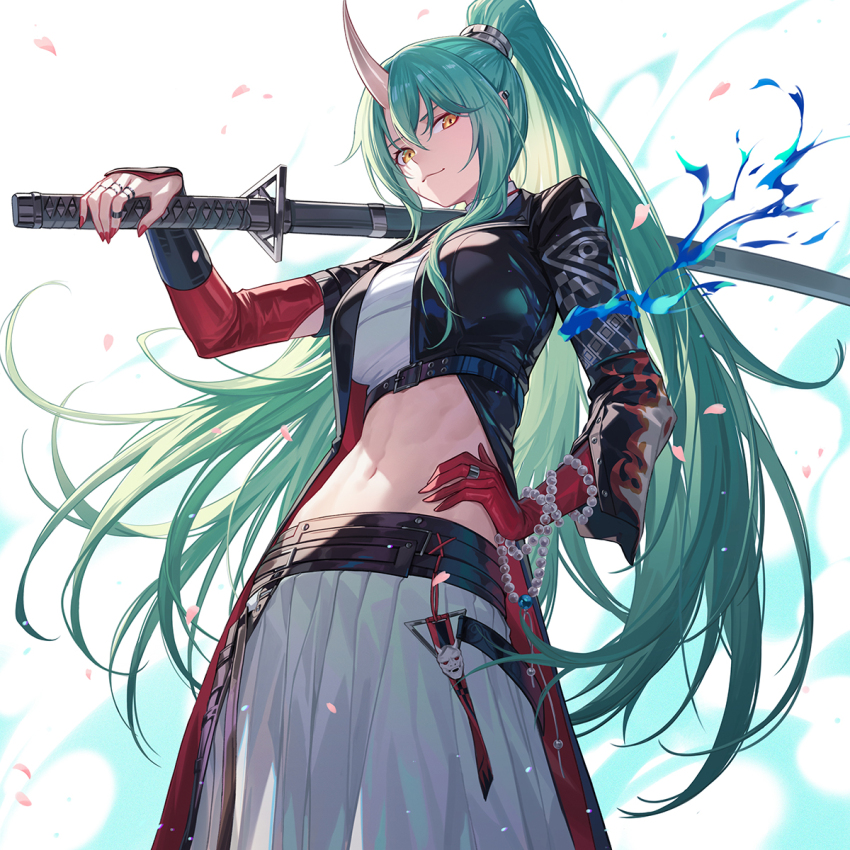 1girl, abs, arknights, black_coat, breasts, closed_mouth, coat, female_focus