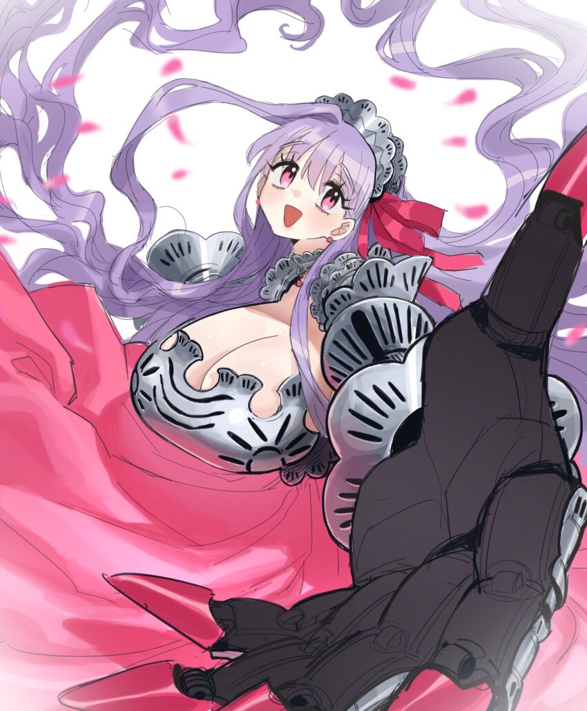 1girl, armor, armored_dress, blush, breasts, claw_(weapon), cleavage, dress, fate/grand_order, fate_(series), gauntlets, hair_ribbon, highres, huge_breasts, long_hair, looking_at_viewer, open_mouth, outstretched_arm, passionlip_(fate), passionlip_(swimsuit_saber)_(third_ascension)_(fate), pink_eyes, pink_ribbon, purple_hair, ribbon, smile, solo, takustorage, thighs, very_long_hair, weapon