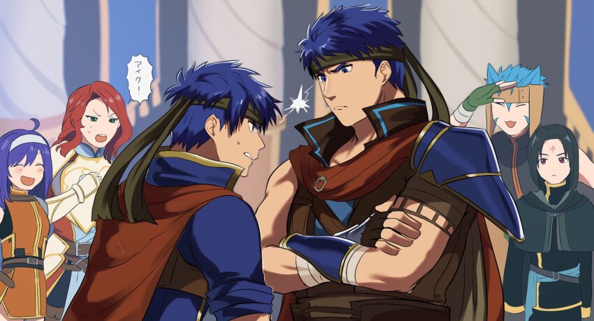 2girls, 4boys, ahoge, animal_ears, armor, black_hair, blue_eyes, blue_hair