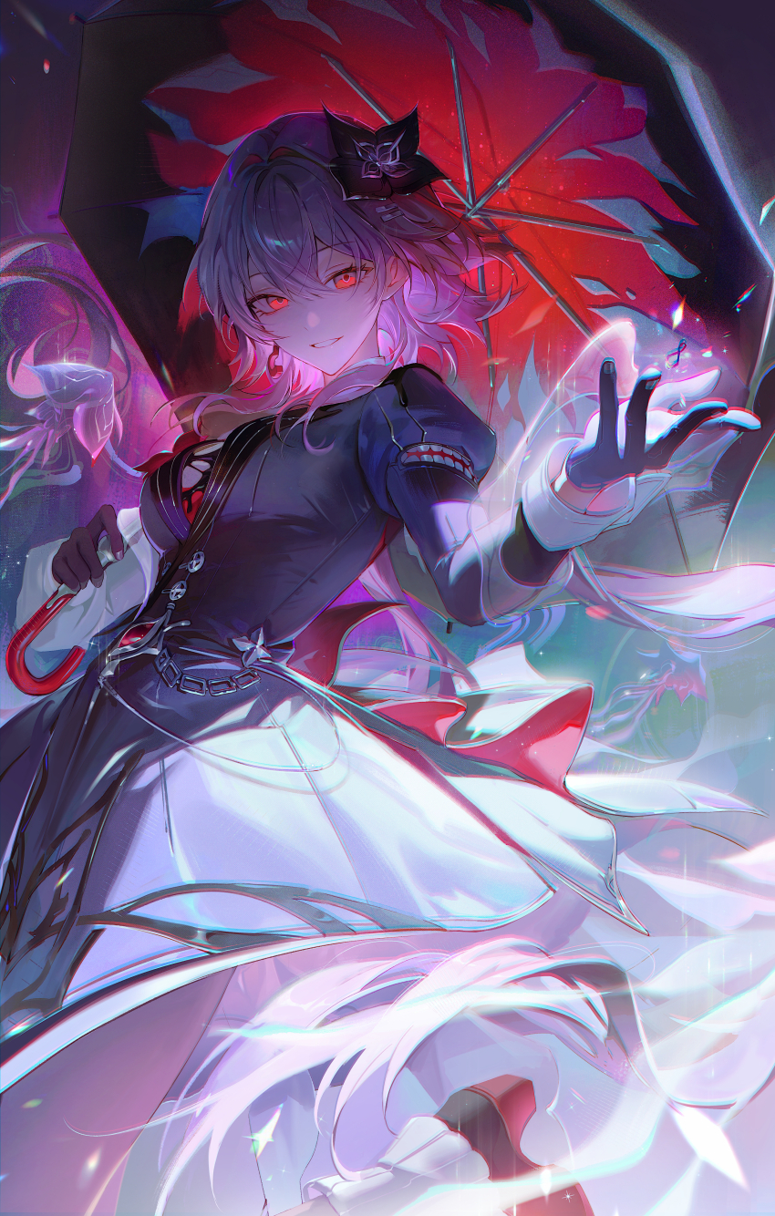 1girl, absurdres, bina_(sebin_13), black_flower, black_gloves, black_jacket, breasts, chromatic_aberration