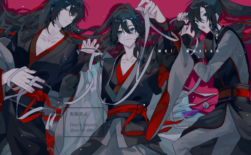 3boys, absurdres, adapted_costume, ahoge, an_d_01, bishounen, black_hair, black_hanfu