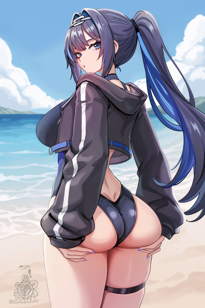 1girl, absurdres, arched_back, arms_at_sides, artist_name, ass, ass_focus, back