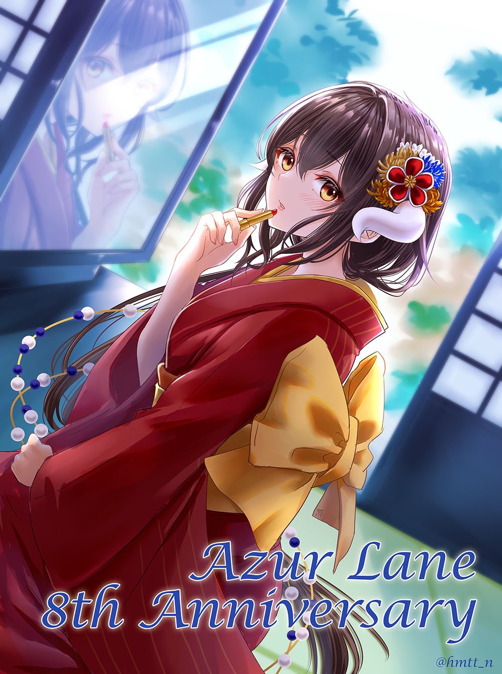 1girl, anniversary, applying_lipstick, applying_makeup, azur_lane, black_bow, bow, brown_hair