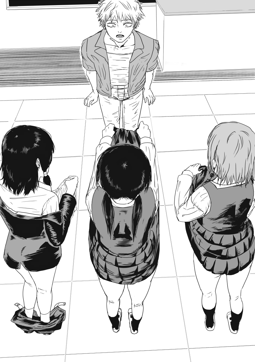 1boy, chainsaw_man, clothes_lift, clothes_pull, denji_(chainsaw_man), exhibitionism, fami_(chainsaw_man), flashing, highres, k.rikina, lifting_own_clothes, mifune_fumiko, mitaka_asa, multiple_girls, open_mouth, public_indecency, pulling_own_clothes, shirt_lift, shirt_pull, skirt, skirt_lift, underwear