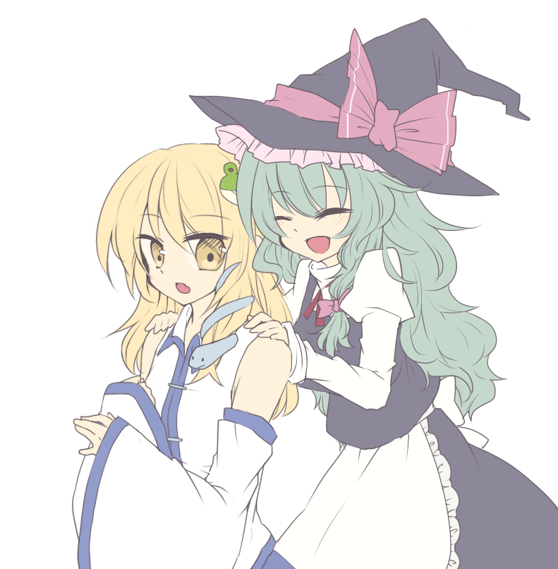 2girls, ^_^, blonde_hair, blush, closed_eyes, cosplay, costume_switch, detached_sleeves