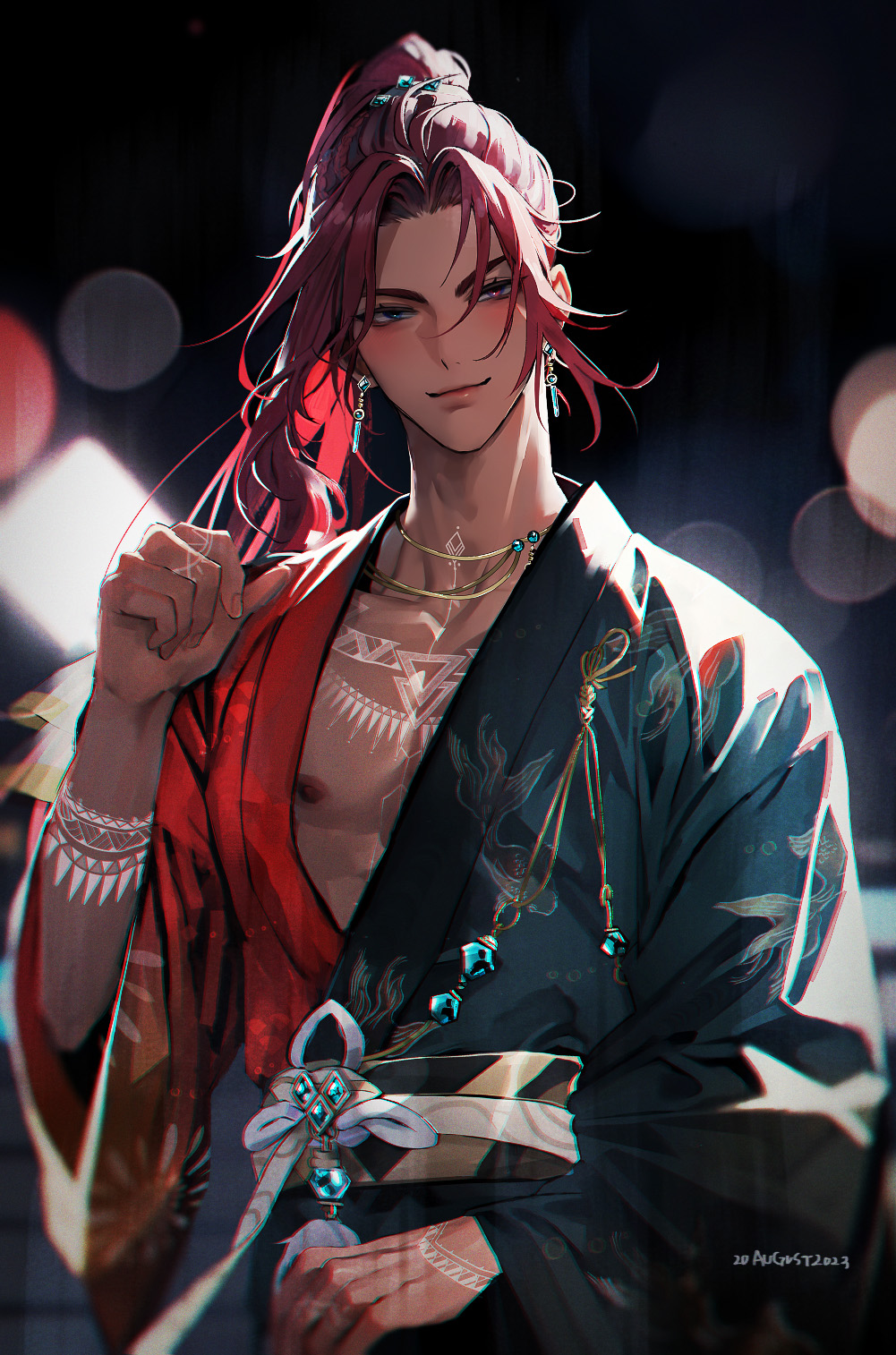 1boy, aqua_eyes, aqua_gem, aqua_kimono, asymmetrical_clothes, bare_pectorals, beads, bishounen