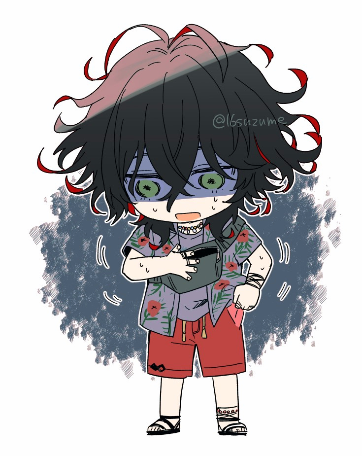 1boy, anklet, aura, black_hair, blurry_eyes, bracelet, colored_inner_hair, crying, crying_with_eyes_open, curly_hair, dante_alighieri_(fate), dante_alighieri_(summer_inferno)_(fate), dante_alighieri_(summer_inferno)_fate, dark_aura, deformed, facing_viewer, fanny_pack, fate/grand_order, fate_(series), full_body, grey_eyes, grey_shirt, hair_between_eyes, hawaiian_shirt, jewelry, looking_at_object, looking_down, male_focus, medium_hair, multicolored_hair, necklace, open_mouth, panicking, red_hair, red_swim_trunks, sandals, shirt, simple_background, solo, somemiya_suzume, standing, tears, two-tone_hair, white_background