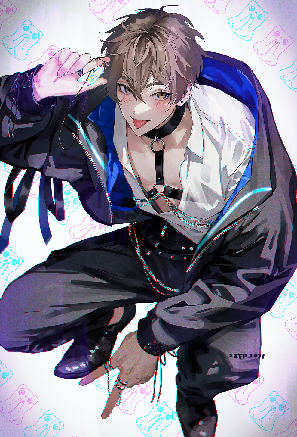 1boy, :p, ahoge, belt, black_belt, black_choker, black_jacket, black_pants