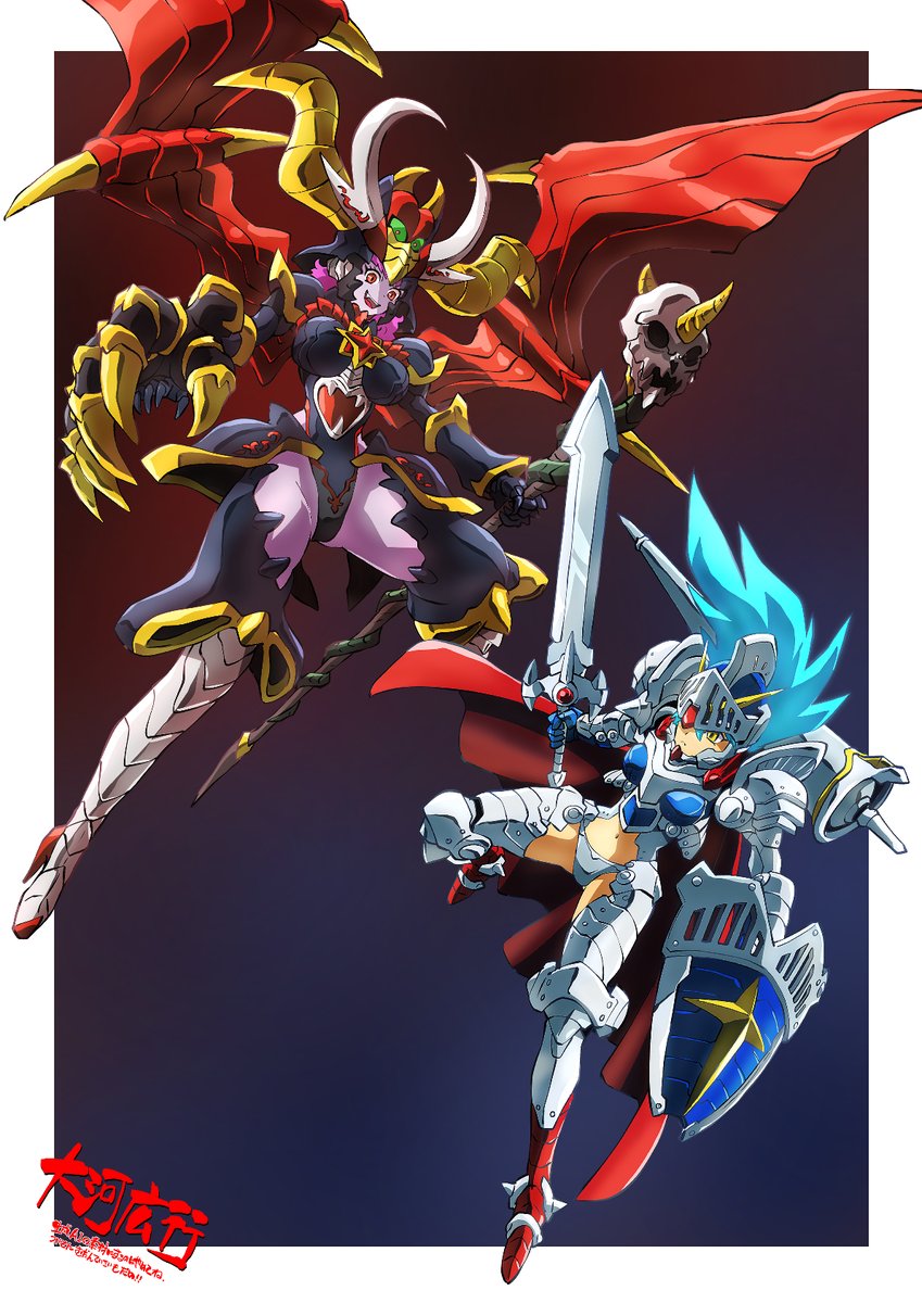 2girls, armor, battle, blue_hair, breasts, cape, claws, colored_sclera