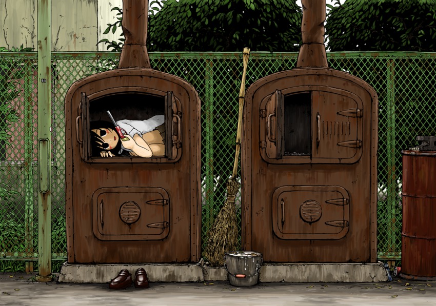 1girl, bamboo_broom, black_eyes, black_hair, blush, broom, female_focus, fence, in_container, incinerator, lighter, original, rust, satou_ikken, school_uniform, shoes, solo, suicide, trash_burner, unworn_shoes