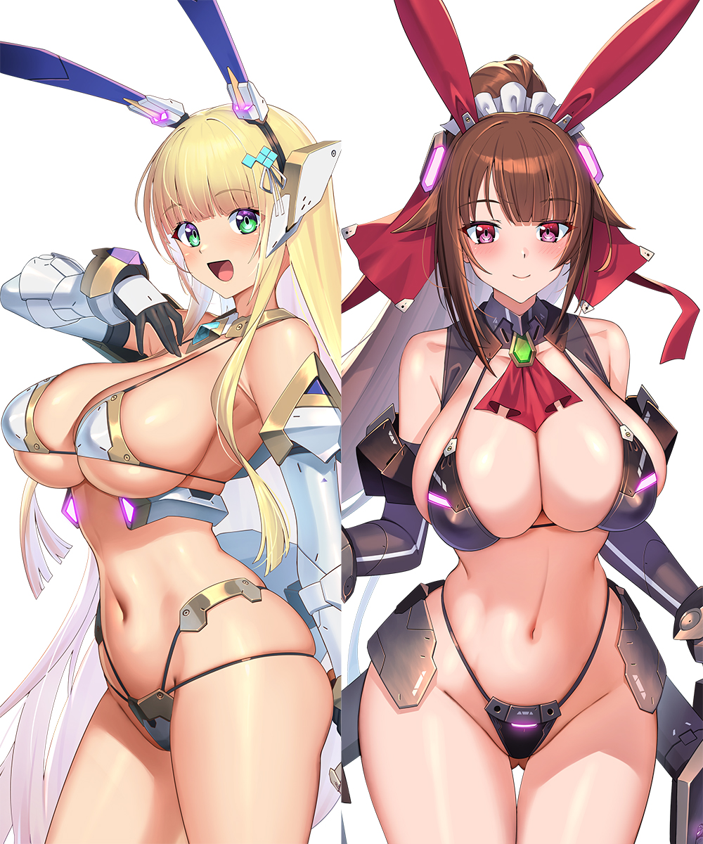 2girls, :d, amagi_(oreaku), animal_ears, bikini, black_bikini, black_gloves, blonde_hair, breasts, brown_hair, christiana_leta_roseblaire, cleavage, closed_mouth, commentary_request, crotch_plate, fake_animal_ears, female_focus, gloves, gluteal_fold, green_eyes, highleg, highleg_bikini, highres, large_breasts, long_hair, looking_at_viewer, multi-strapped_bikini_bottom, multicolored_hair, multiple_girls, navel, official_art, open_mouth, ore_wa_seikan_kokka_no_akutoku_ryoushu!, rabbit_ears, red_eyes, simple_background, smile, stomach, swimsuit, takamine_nadare, two-tone_hair, underboob, very_long_hair, white_background, white_bikini, white_hair